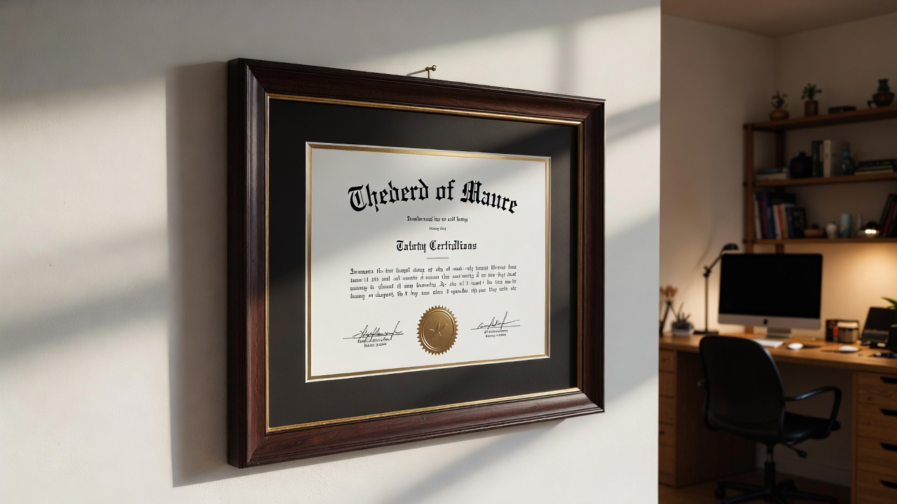 professional certificate framing with custom wood frame displayed in modern home office interior