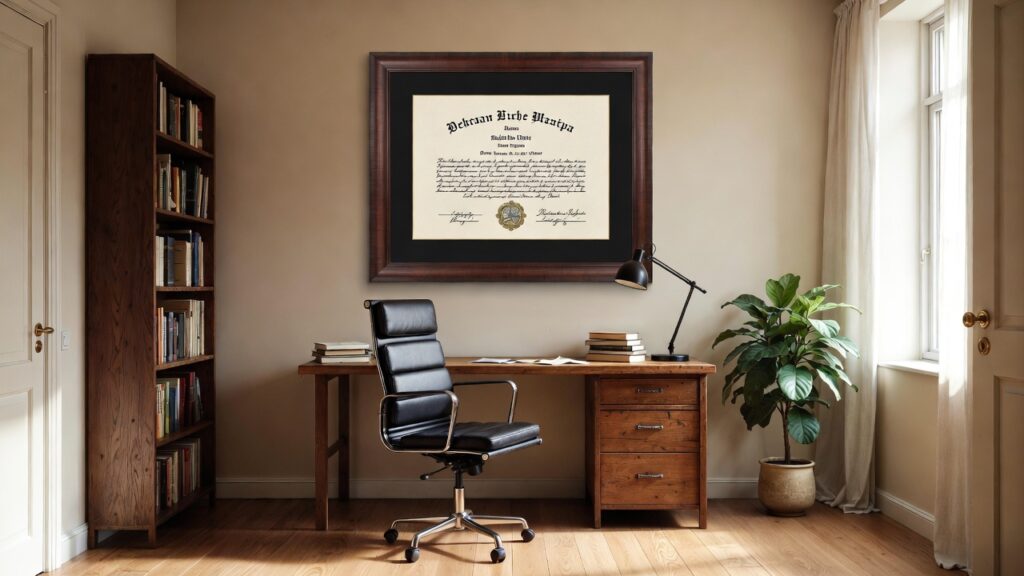 custom diploma framing displayed above wooden desk in warm modern home office