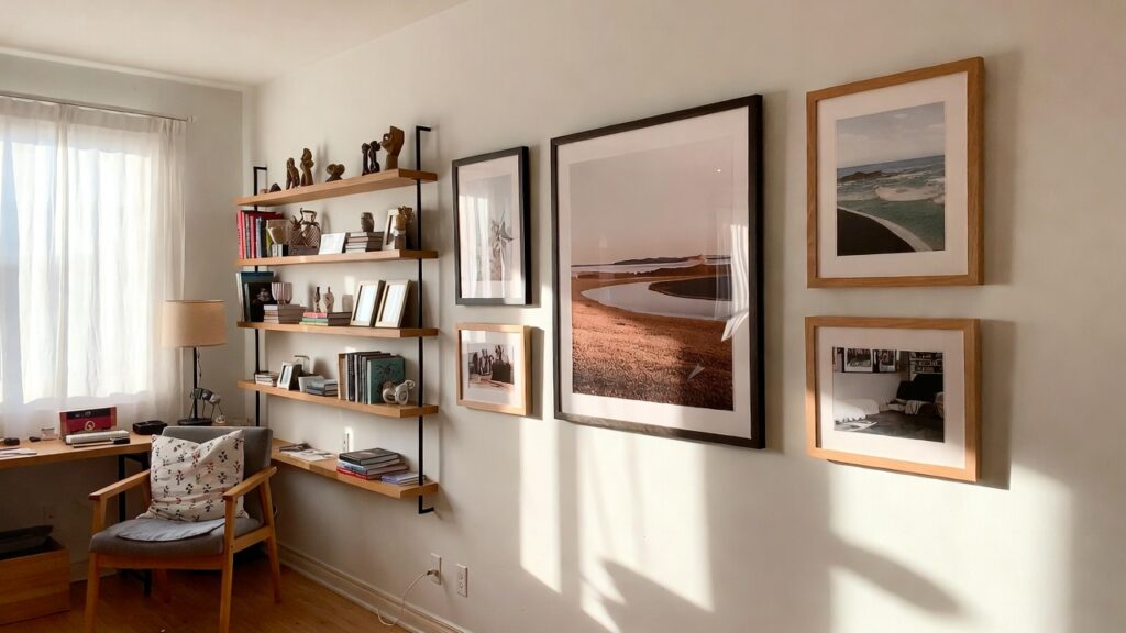 custom picture framing displayed in warm home office with framed wall art and wooden shelves