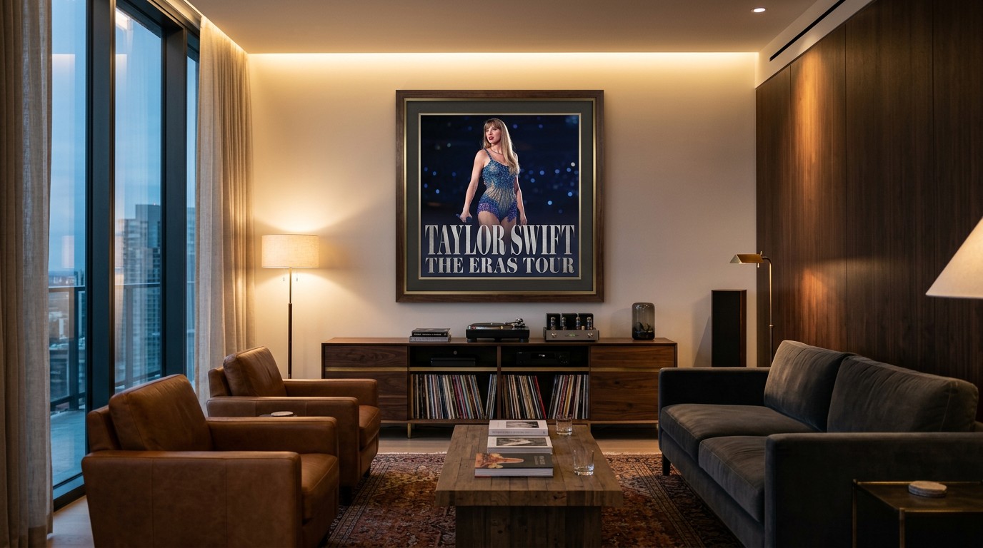 custom concert poster framing with framed Taylor Swift Eras Tour poster displayed in upscale living room interior
