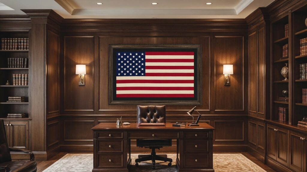 custom flag framing in luxury executive office with framed American flag wall display